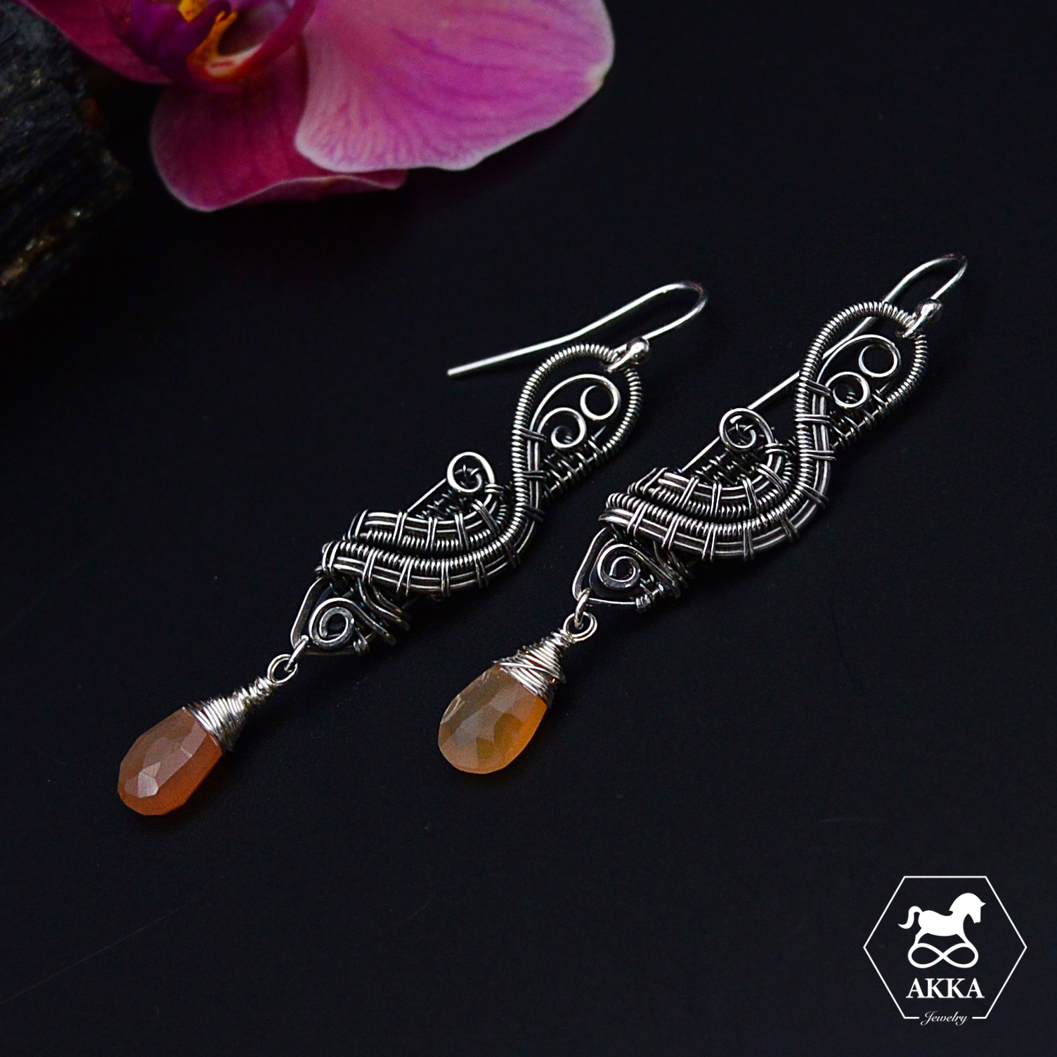 Peach Moonstone elegant Earrings, Wire Wrapped in Silver 999 & 925